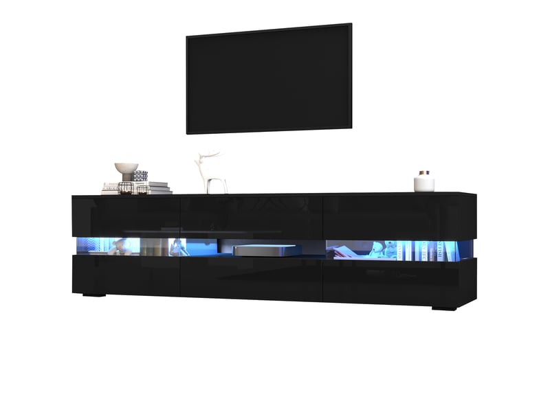  Meuble tv moderne brillant 160x39x45 cm avec éclairage led, 1 tiroir, 2 portes, compartiment ouvert avec insert en verre acrylique  - Conforama D