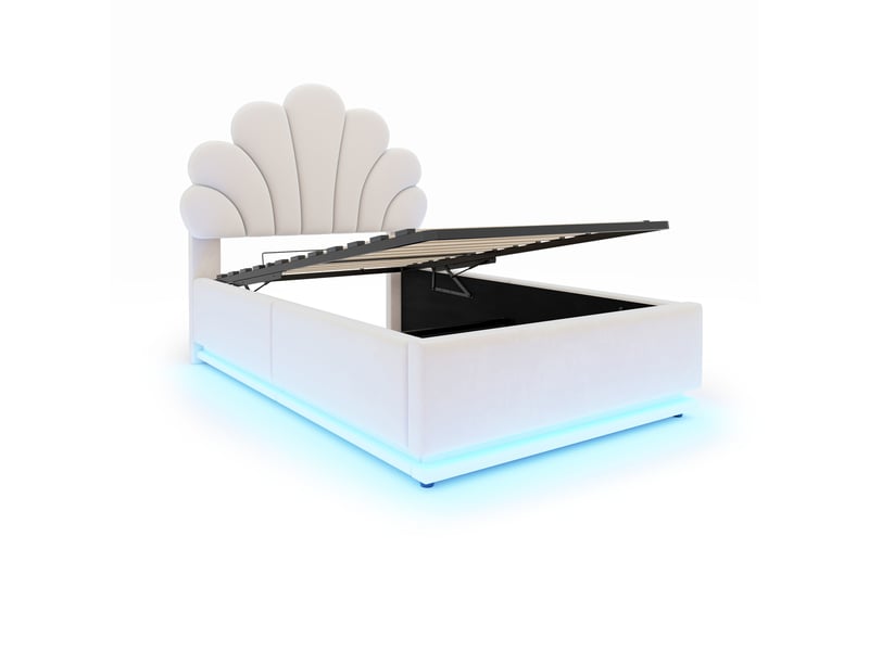  Lit enfant velours beige 90x200 cm avec tête de lit fleur, rangement hydraulique et led  - Conforama E