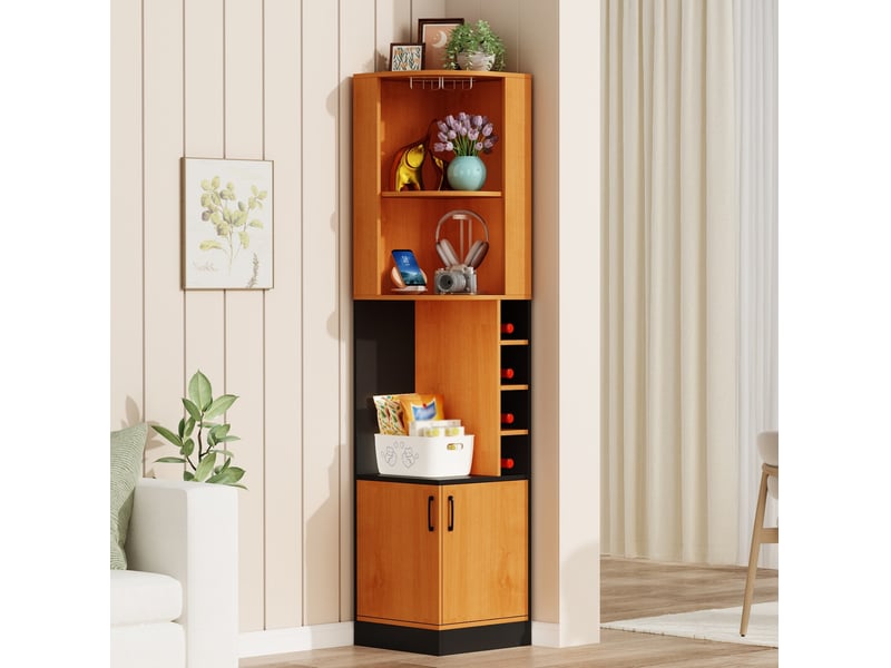  Meuble bar d’angle 40x40x182 cm avec porte-verres, coloris naturel  - Conforama E