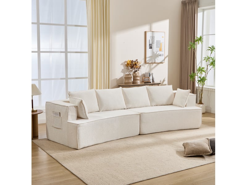  Canapé modulaire 4 places avec assise profonde ressorts et coussins forme incurvée en velours blanc 302 × 115 × 65 cm  - Conforama C