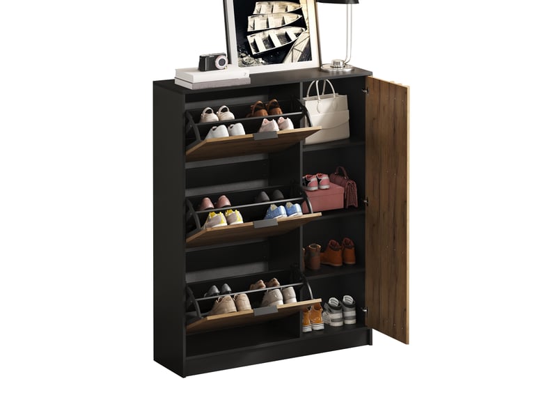  Meuble à chaussures - 100x30x130cm - 3 portes abattantes &amp; 1 placard avec étagères en mdf - bois &amp; noir  - Conforama A