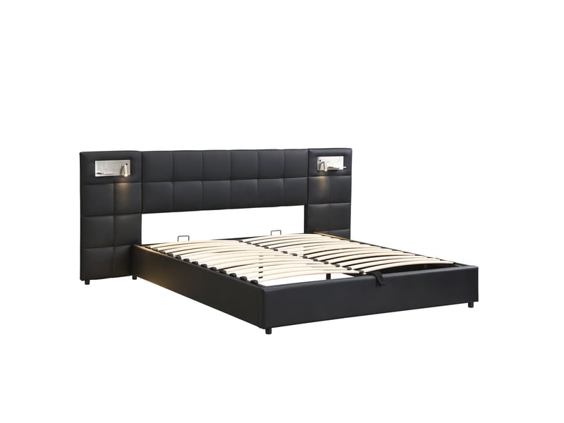  Lit coffre adulte 180x200 cm – noir – usb, recharge sans fil, éclairage et sommier inclus – sans matelas  - Conforama D