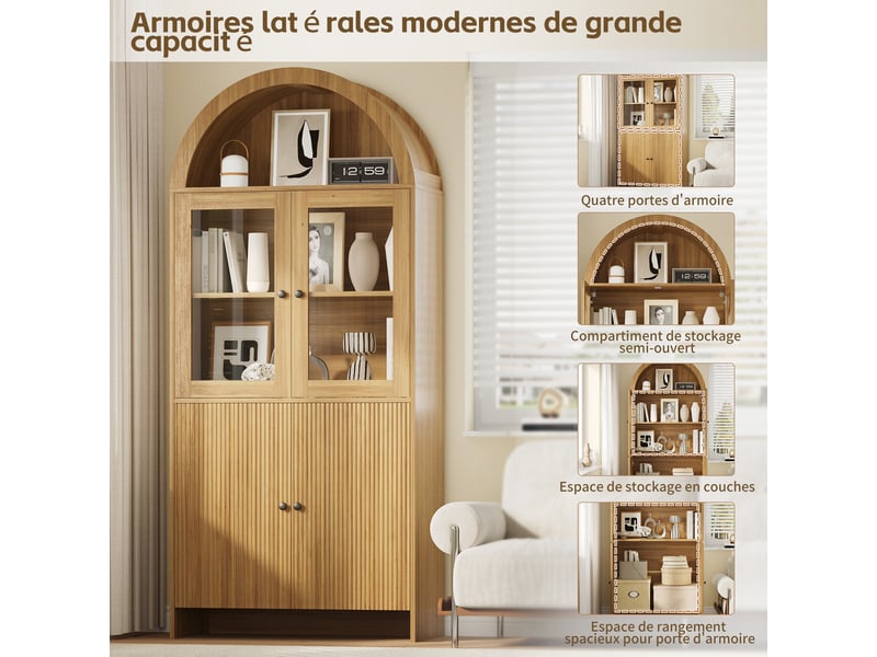 Vaisselier vitrine avec rangement fermé - lpospi - portes en verre, panneaux de particules naturel 78 × 40 × 176 cm  - Conforama E