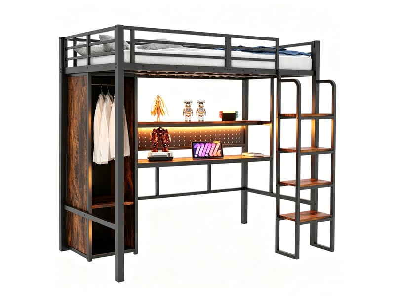  Lit mezzanine 90x200 cm avec bureau et led multicolores en métal et mdf noir  - Conforama A