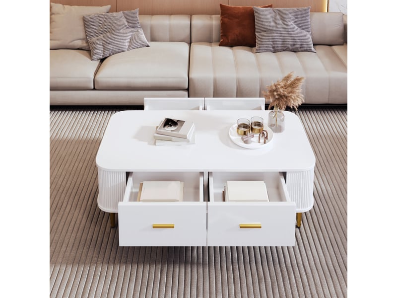  Table basse 105x51x38 cm avec 4 tiroirs en mdf blanc, détails dorés  - Conforama B