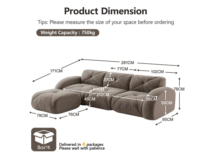  Canapé modulaire 3 places en chenille avec assise moelleuse et structure sans cadre, taupe  - Conforama E