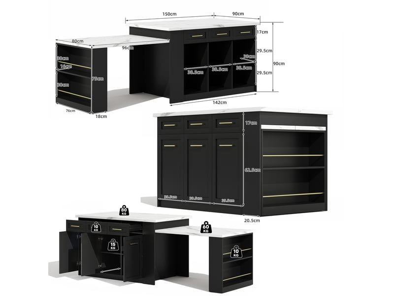  Îlot de cuisine multifonction 150 x 90 cm avec table extensible noir et blanc  - Conforama C