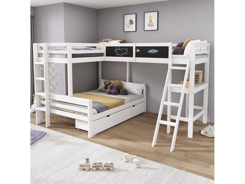  Lit combiné enfant 140x200 cm et 90x200 cm avec bureau et rangements bois blanc et chêne sans matelas  - Conforama D