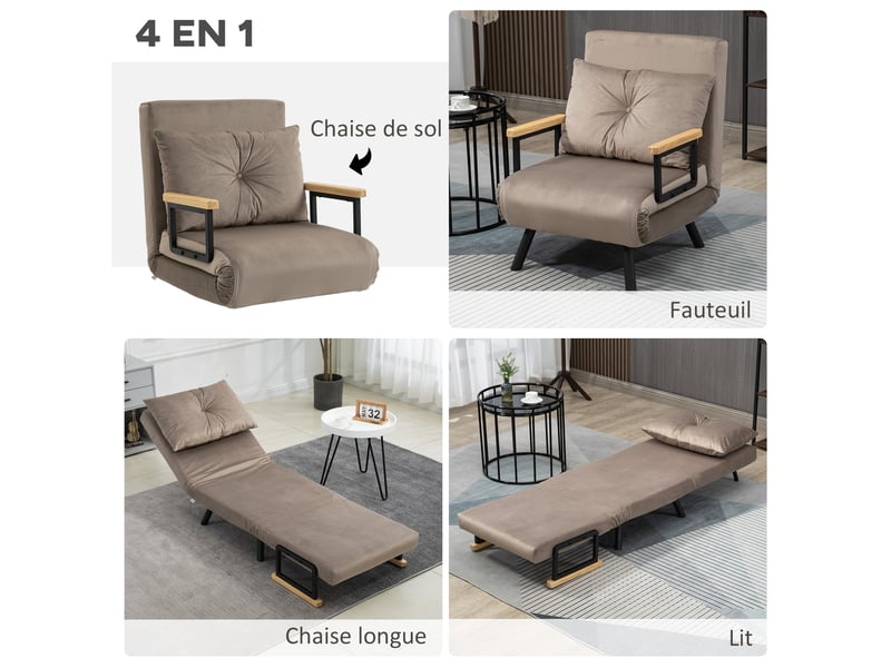 Fauteuil convertible 1 place en tissu effet velours marron 63x73x81 cm  - Conforama D