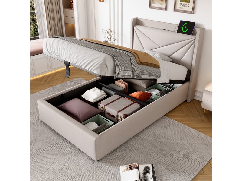  Lit coffre enfant 90x200 cm, espace de rangement, usb type-c et sommier, coton lin beige, sans matelas  - Conforama W