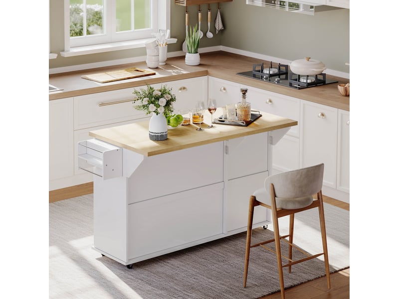 Îlot de cuisine mobile 137x70x89,5 cm blanc et naturel avec plateau rabattable - Conforama E