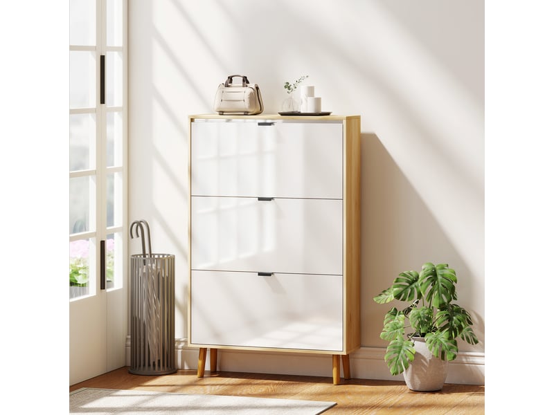  Étagère à chaussures moderne et fine avec 3 tiroirs inclinables pour 24 paires de chaussures, 80 x 24 x 127 cm, blanche  - Conforama C