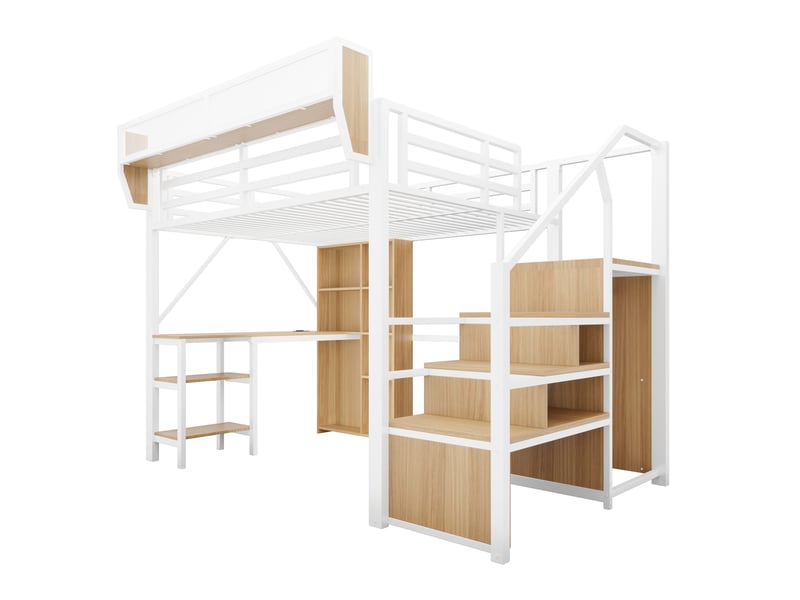  Lit mezzanine 140x200 cm – avec escalier de rangement – ​​avec bureau – avec éclairage led – avec prise électrique – blanc (matelas non inclus)  - Conforama A