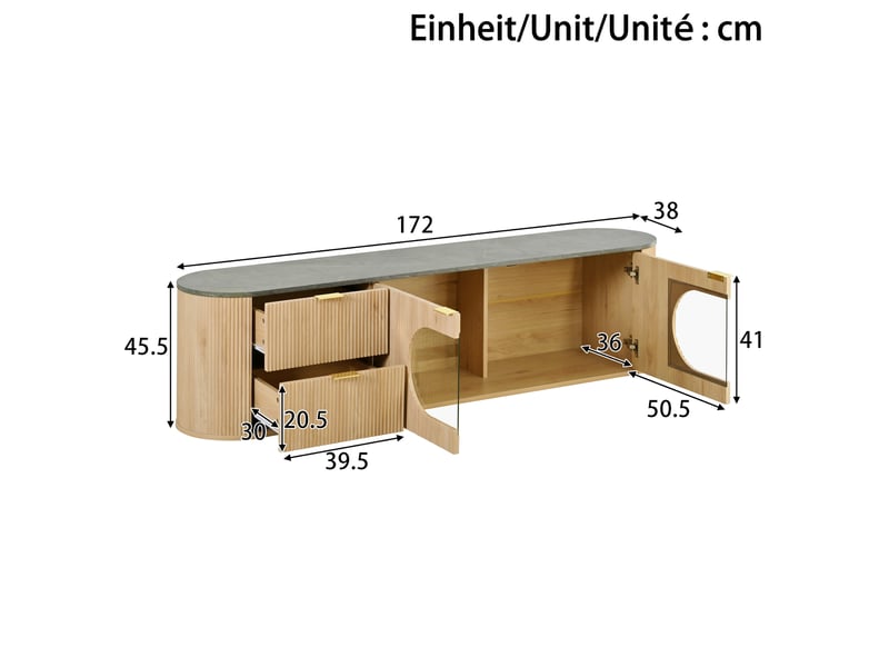  Meuble tv moderne aspect bois 172 cm - portes 3d vitrine ovale en verre gris - rangement multi-zones  - Conforama C