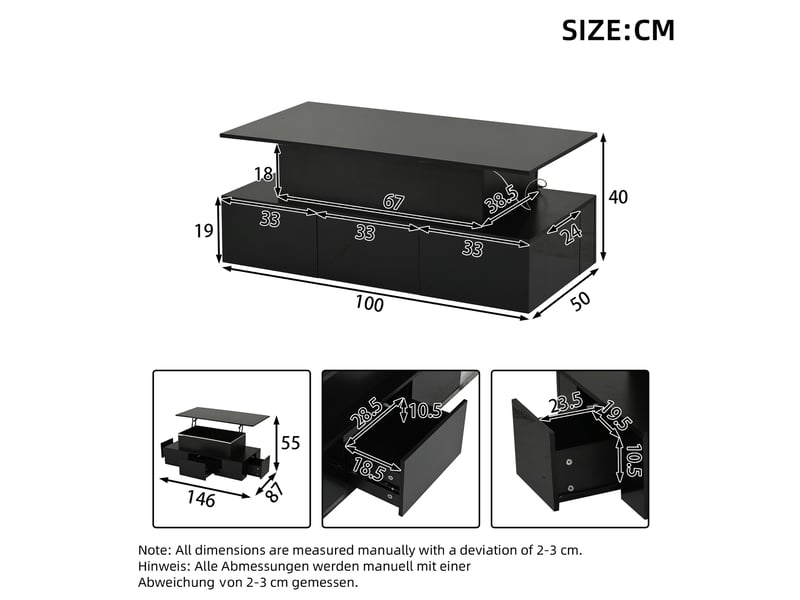 Table basse relevable 100x50x40 cm avec led et 4 tiroirs en mdf noir - Conforama E