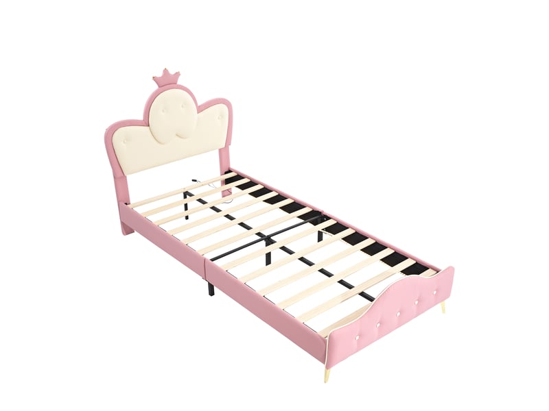  Lit enfant 90x200 cm capitonné en pu rose et blanc avec led  - Conforama E
