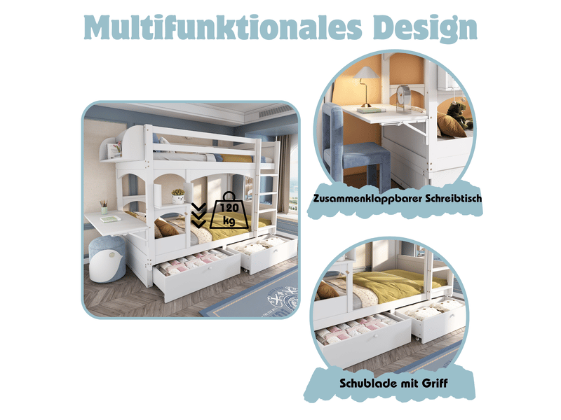 Lit superposé enfant multifonction 90x200 cm bois massif blanc avec bureau rabattable et tiroirs - Conforama D