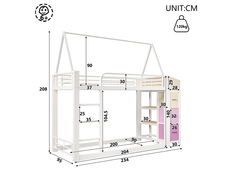  Lit superposé 90 x 200 cm avec étagères, 3 tiroirs en tissu et éclairage led, métal et mdf, blanc  - Conforama C