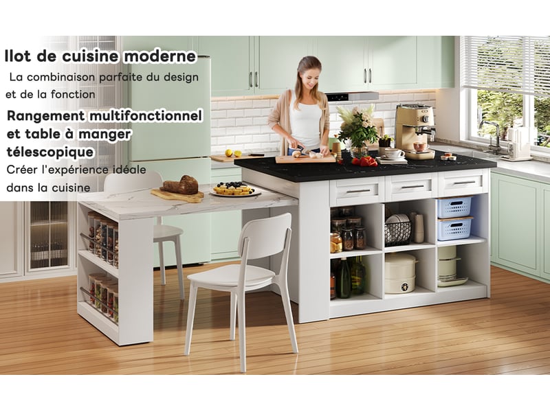  Îlot de cuisine muvano avec table escamotable, blanc et effet marbre, 150 × 90 × 90 cm  - Conforama R