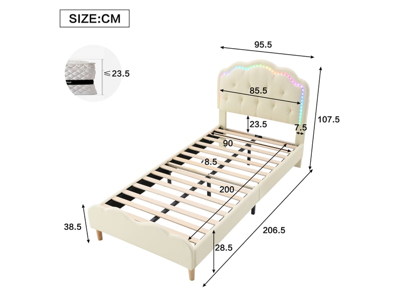  Lit simple 90x200 cm beige en pu avec led multicolores  - Conforama C