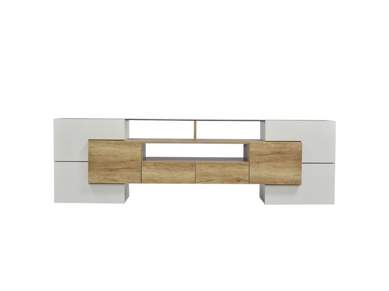 Meuble tv 200 cm blanc brillant et bois avec éclairage led, banc tv surface en verre pour salon - Conforama A