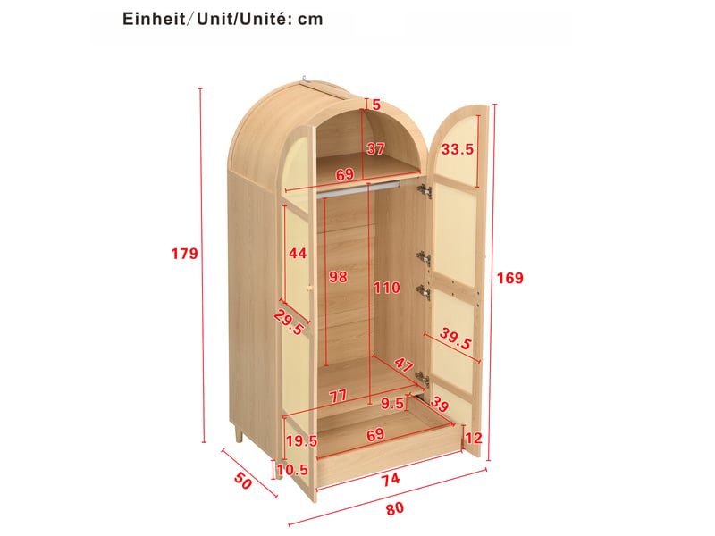  Armoire penderie grand volume 80x50x179 cm portes courbées rotin tringle tiroir pieds bois mdf pb naturel  - Conforama C