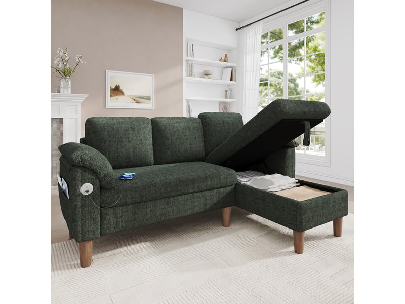  Canapé d'angle xxl 3 places 181x125 cm avec méridienne réversible, rangement intégré, usb et usb-c, tissu chenille - vert OPULERANE TRADING LTD - Conforama E