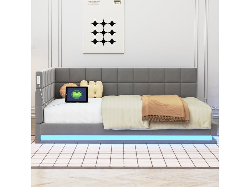 Lit banquette enfant 140 x 200 cm avec led, usb et sommier à lattes, lin, gris Fay Lum - Conforama D