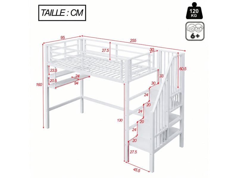  Lit mezzanine enfant 90 x 200 cm avec étagères et échelle de rangement, structure en métal et mdf blanc  - Conforama C