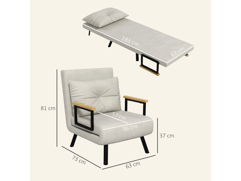  Fauteuil convertible 4 en 1 lit 1 place dossier 5 positions, accoudoirs en bois et coussin, tissu effet velours, crème  - Conforama C