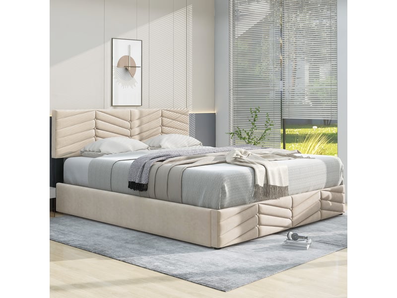  Lit 140x190 cm rembourré avec tête de lit réglable, velours beige, sommier à lattes, design capitonné  - Conforama B