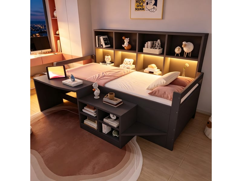  Lit superposé 90x200 cm, lit enfant, bureau, led, bois gris, bois + bois composite  - Conforama W