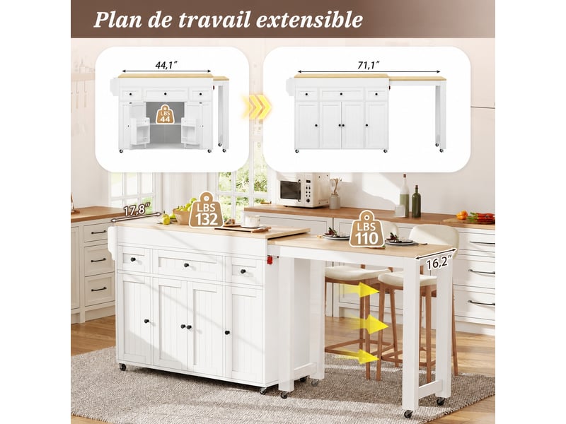  Îlot de cuisine blanc sur roulettes muvano, plateau extensible, 3 tiroirs, 137 × 45,2 × 92 cm  - Conforama E