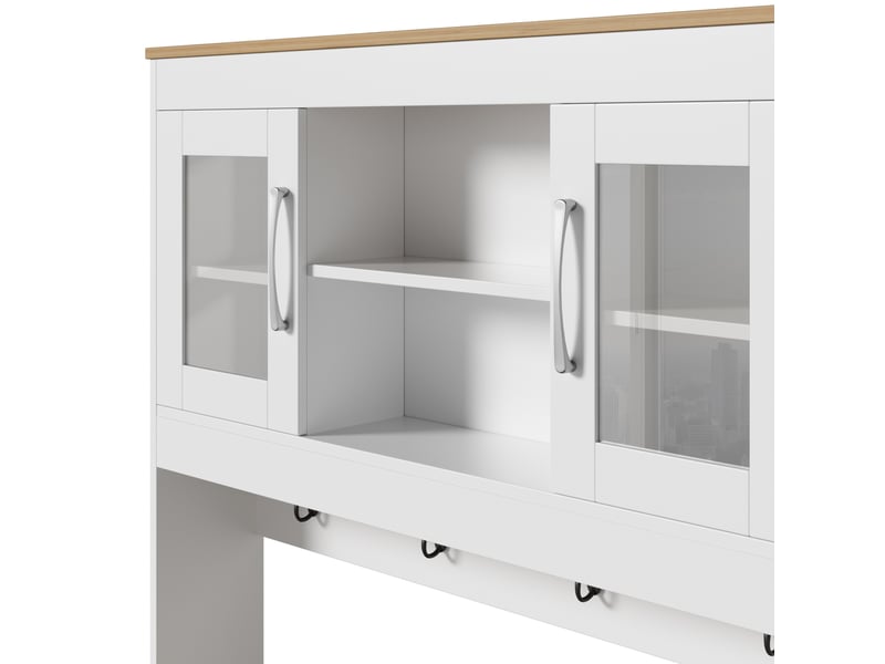  Buffet de cuisine 175cm, meuble vaisselier avec portes vitrées et étagère à vin, rangement cuisine blanc et bois naturel  - Conforama E