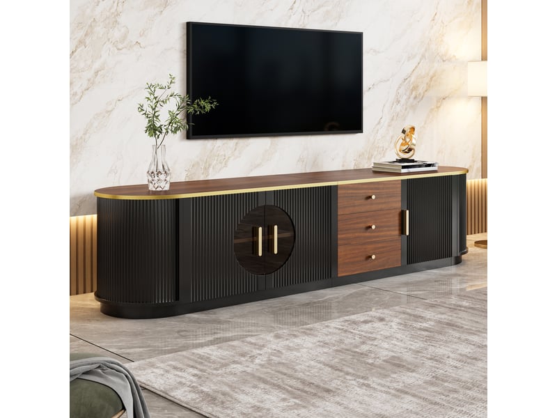  Meuble tv bas ovale luxe 180x40x46 cm avec 3 portes et 3 tiroirs verre brun poignées aluminium bords arrondis mdf noir BUBBLY - Conforama D