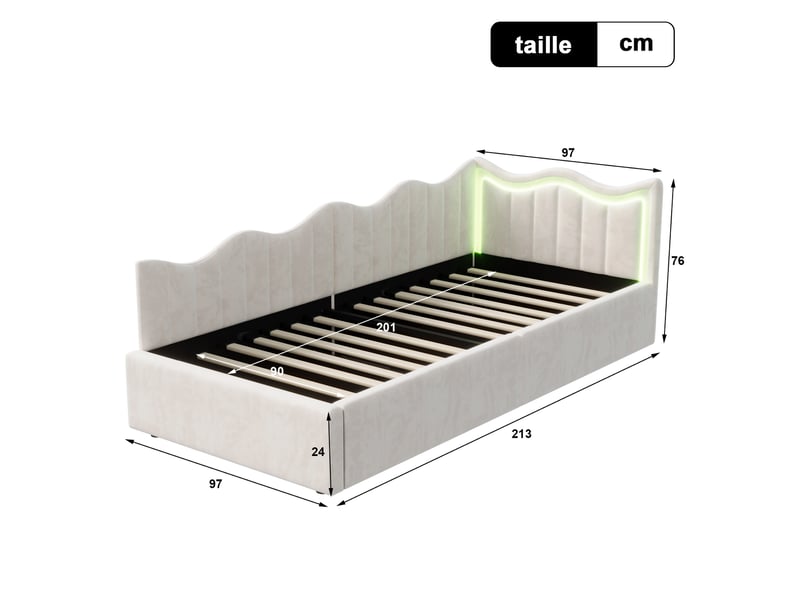  Lit enfant 90x200, tête de lit ondulée, mécanisme hydraulique, bande lumineuse led, velours beige, facile à monter  - Conforama C