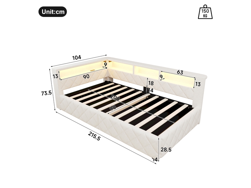  Lit banquette 90x200 cm,avec hydraulique, revêtement,rangements ouverts, éclairage led et usb, lin, beige  - Conforama C