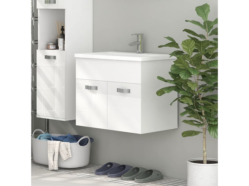  Meuble vasque suspendu avec lavabo, 2 portes amorties, blanc brillant, 61 x 40 x 50 cm  - Conforama D