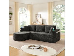 Canapé d'angle modulable noir en tissu lin, design contemporain avec porte-gobelet inox et pochettes de rangement intégrées