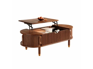 Table basse ovale relevable en mdf effet noyer avec rangement et portes coulissantes, 110 x 48 x 57 cm