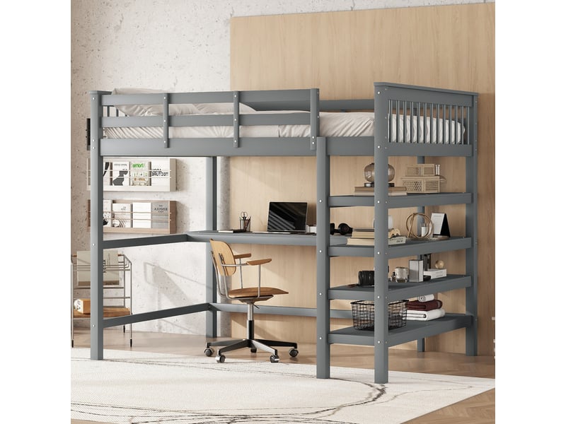  Lit mezzanine 140x200 gris, lit mezzanine avec bureau intégré et étagères, cadre en bois massif pour enfant et adulte, sans matelas  - Conforama B