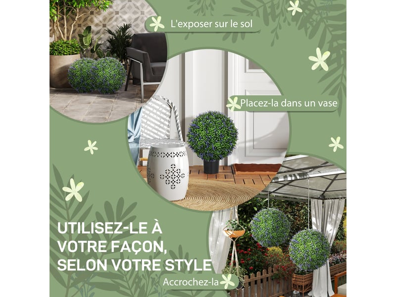  Lot de 2 boules topiaires artificielles, fausses plantes décoratives résistantes aux uv, violet et vert,  42 cm  - Conforama R
