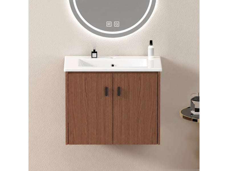  Meuble de salle de bains 60 cm brun rougeâtre avec 2 portes à fermeture amortie  - Conforama B