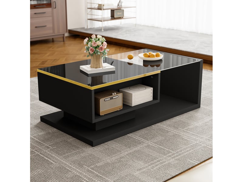  Table basse 90x50x32,5 cm led, plateau verre trempé, rangement pratique et compartiment, panneau de particules, noir  - Conforama E