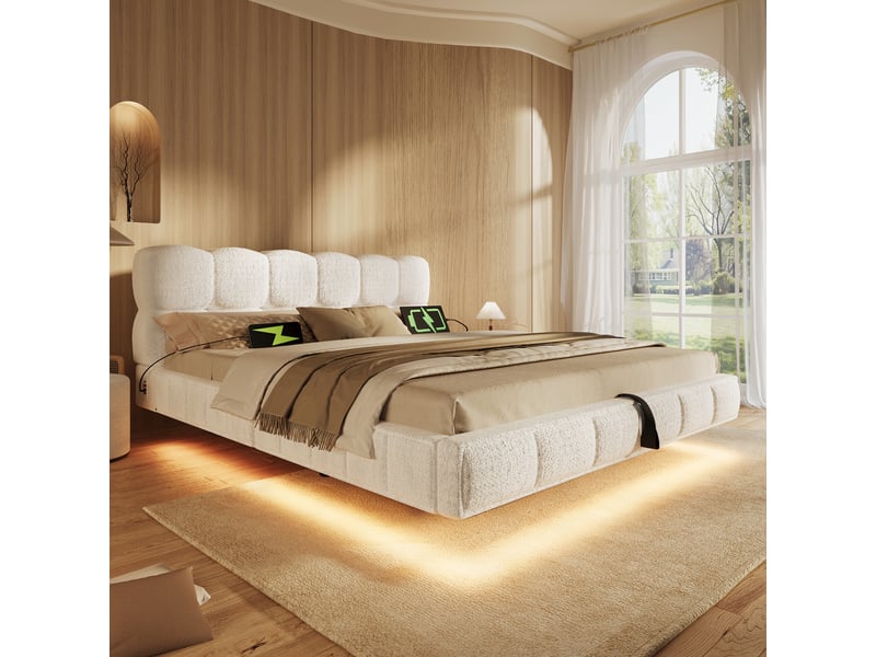 Lit coffre bubble en chenille beige 140x190 cm avec led, usb et type-c Fay Lum - Conforama D