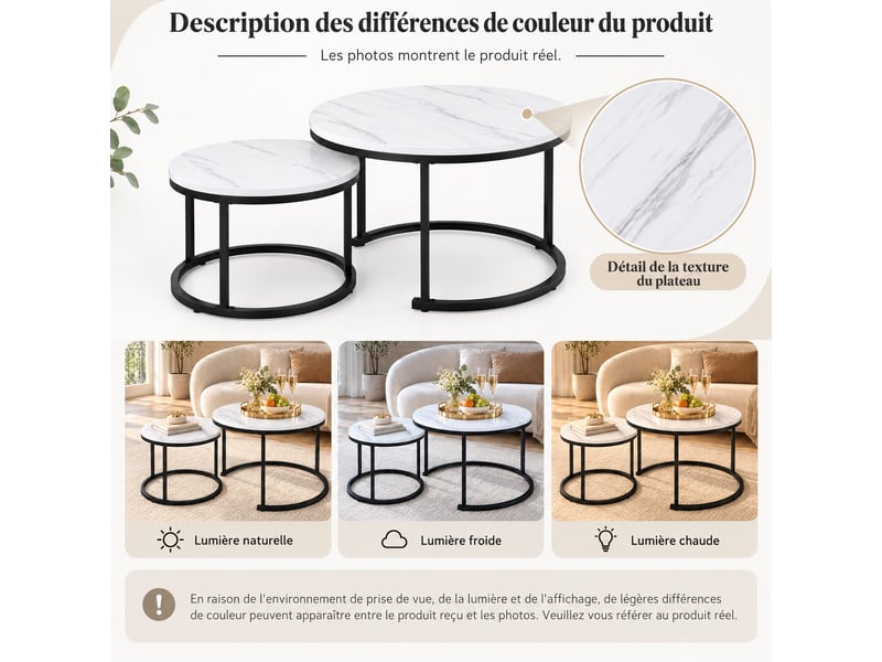  Lot de 2 tables gigognes rondes effet marbre blanc en mdf et métal, ø 50 x h 70,5 cm et ø 45,5 x h 44 cm  - Conforama E