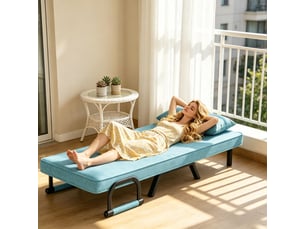 Fauteuil convertible 3-en-1 avec dossier réglable 5 positions, coussin amovible en lin bleu, 190 × 74 × 26 cm