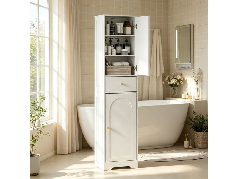  Armoire haute de salle de bain 40 x 29,5 x 170 cm rangement à deux placards et tiroir étagère réglable sur trois positions panneau de particules finition blanche portes à panneaux cintrés poignées dorées  - Conforama B
