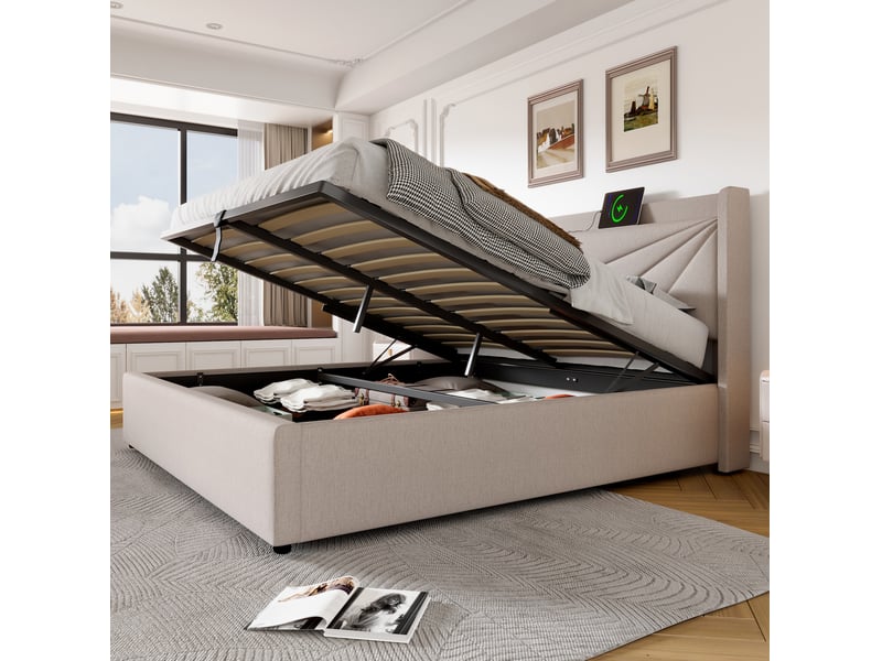  Lit coffre 140x200 cm avec tête de lit usb type-c, beige, sommier à lattes  - Conforama D