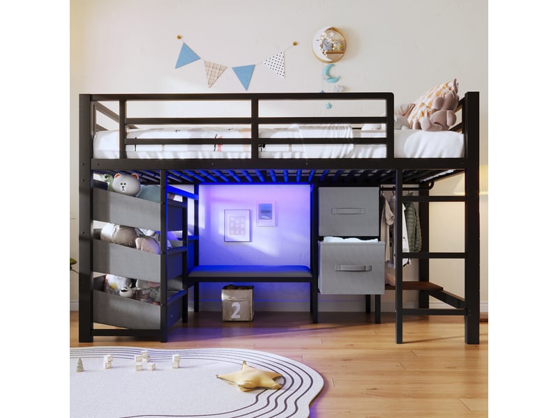  Lit surélevé avec coussin, rangements tissu et led multicolore, métal noir, 90x200 cm, sans matelas  - Conforama B
